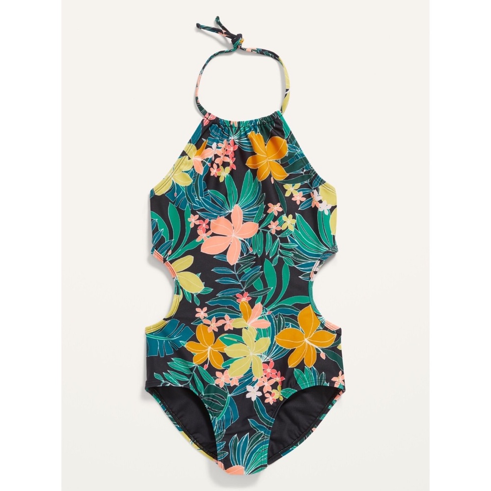 NWOT Girls Tropical Print Halter Swimsuit | S (6-7)